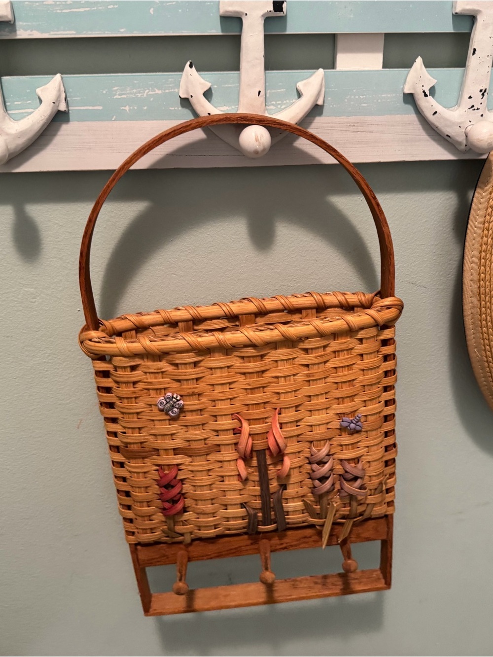Vintage Longaberger-Style Hanging Mail Basket with Weaved Flower/Insect Detail